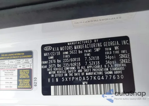 2019 Kia Sorento 3.3L Ex z USA, uszkodzony, nr VIN 5XYPHDA57KG477630